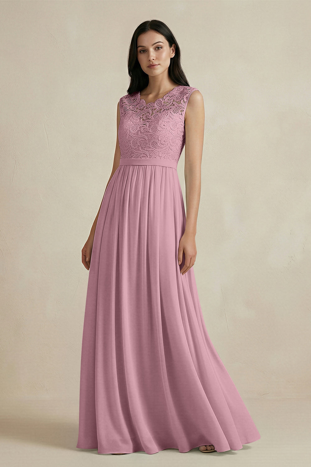 Lace Chiffon A-Line Round Neck Bridesmaid Dress in Vintage Mauve