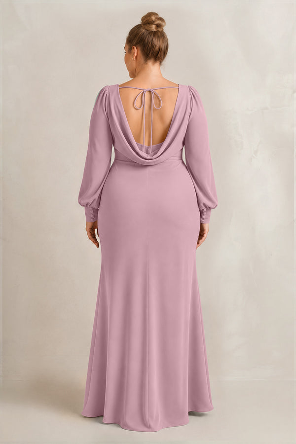 Vintage Mauve Long Sleeve V-Neck Sheath Chiffon Bridesmaid Dress (2) [sizeplus] | KISSBRIDAL