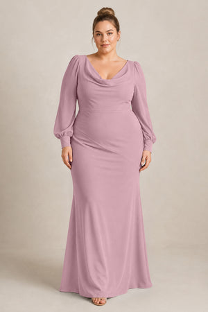 Vintage Mauve Long Sleeve V-Neck Sheath Chiffon Bridesmaid Dress [sizeplus] | KISSBRIDAL