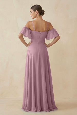 Vintage Mauve Off-the-Shoulder A-Line Chiffon Bridesmaid Dress (2) | KISSBRIDAL
