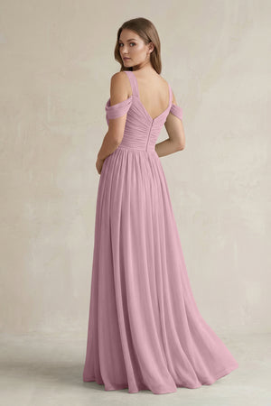Vintage Mauve Off-the-Shoulder A-Line Chiffon Bridesmaid Dress With Slit (2) | KISSBRIDAL