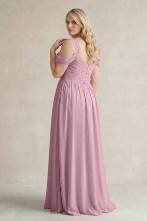 Vintage Mauve Off-the-Shoulder A-Line Chiffon Bridesmaid Dress With Slit (2) | KISSBRIDAL