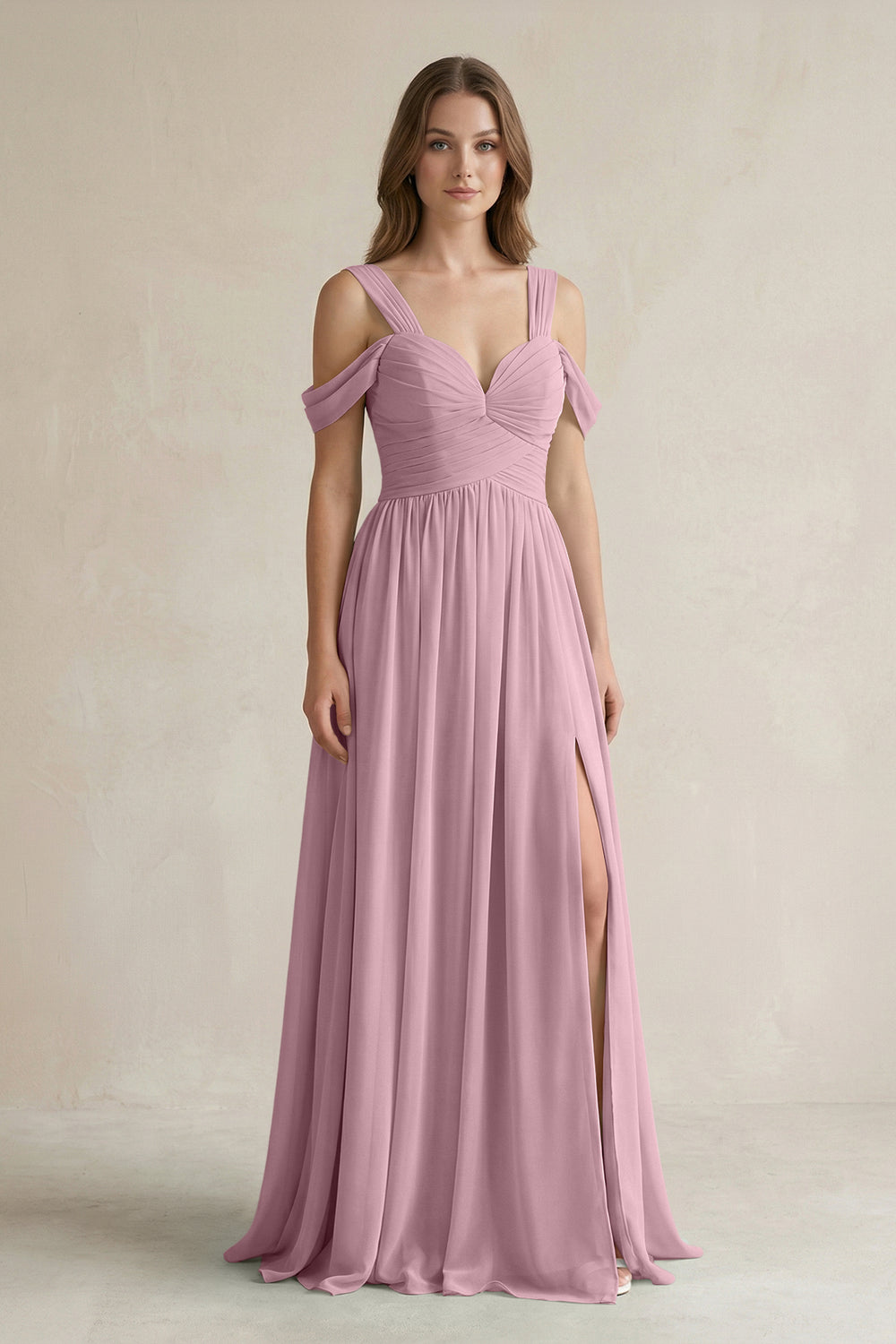 Off-the-Shoulder A-Line Chiffon Bridesmaid Dress With Slit in Vintage Mauve