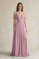 Vintage Mauve Off-the-Shoulder A-Line Chiffon Bridesmaid Dress With Slit | KISSBRIDAL