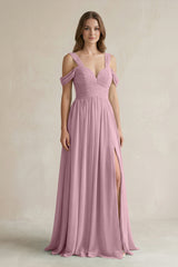 Vintage Mauve Off-the-Shoulder A-Line Chiffon Bridesmaid Dress With Slit | KISSBRIDAL