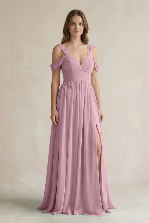 Vintage Mauve Off-the-Shoulder A-Line Chiffon Bridesmaid Dress With Slit | KISSBRIDAL