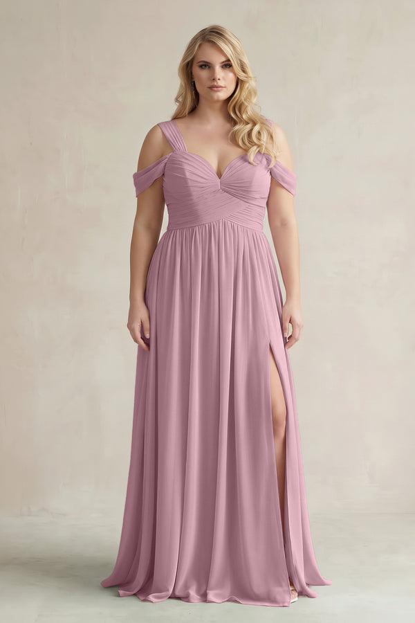 Vintage Mauve Off-the-Shoulder A-Line Chiffon Bridesmaid Dress With Slit | KISSBRIDAL