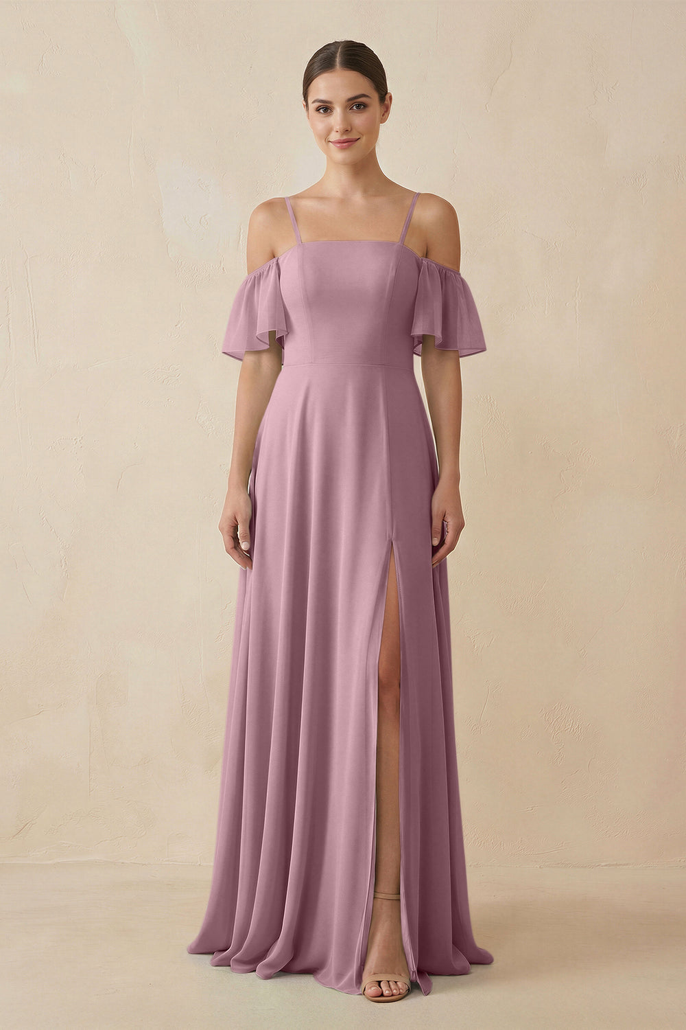 Off-the-Shoulder A-Line Chiffon Bridesmaid Dress in Vintage Mauve