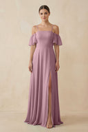 Vintage Mauve Off-the-Shoulder A-Line Chiffon Bridesmaid Dress | KISSBRIDAL