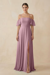 Vintage Mauve Off-the-Shoulder A-Line Chiffon Bridesmaid Dress | KISSBRIDAL