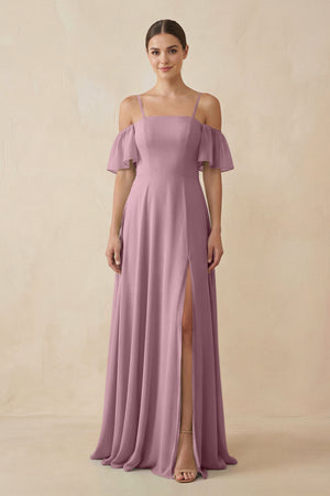 Vintage Mauve Off-the-Shoulder A-Line Chiffon Bridesmaid Dress | KISSBRIDAL
