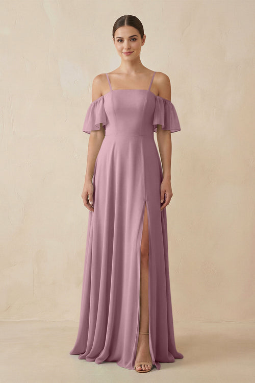 Vintage Mauve Off-the-Shoulder A-Line Chiffon Bridesmaid Dress | KISSBRIDAL