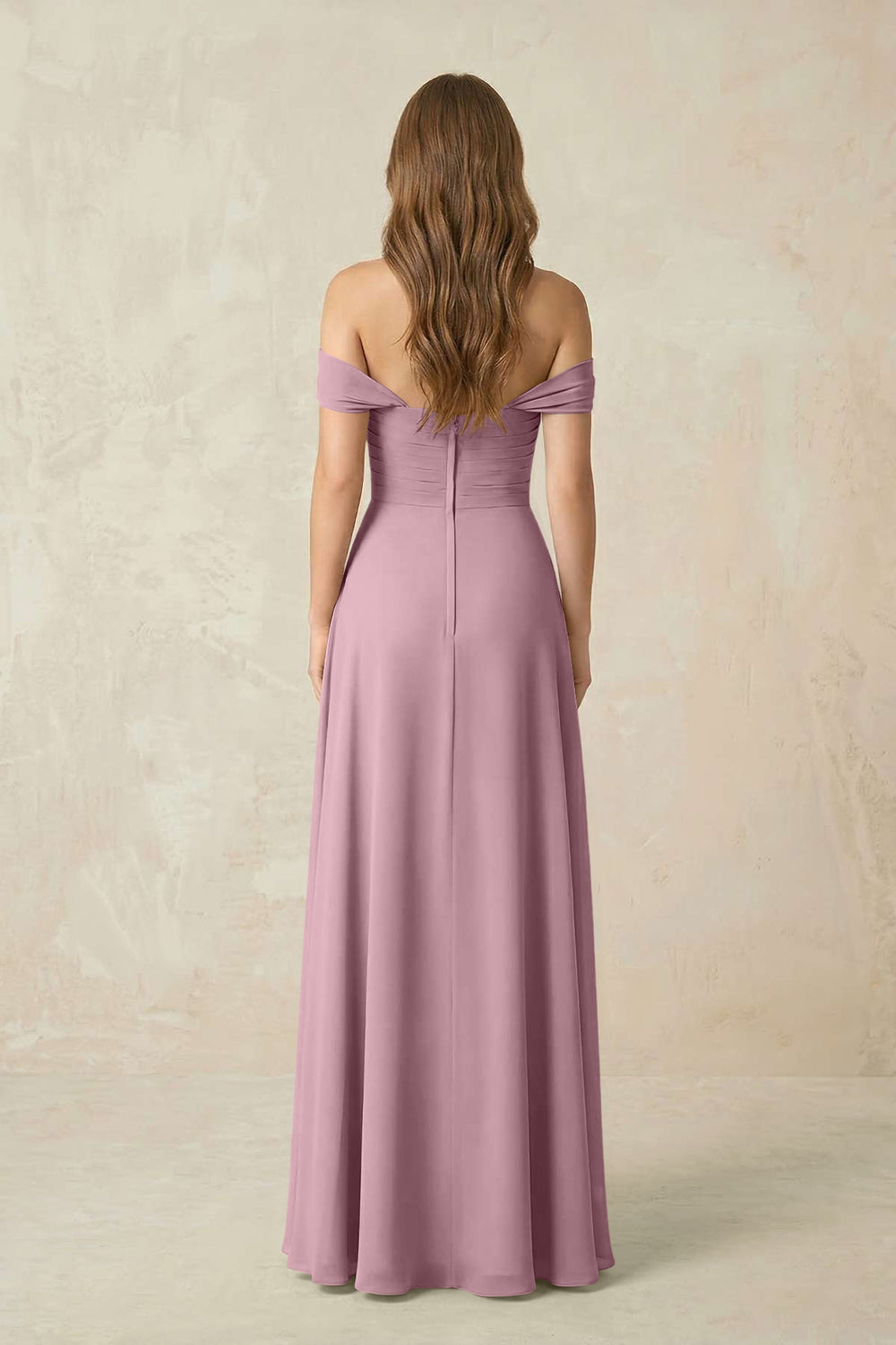 Off-the-Shoulder A-Line Chiffon Pleated Bridesmaid Dress in Vintage Mauve