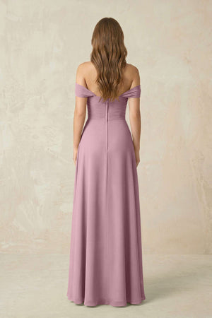 Vintage Mauve Off-the-Shoulder A-Line Chiffon Pleated Bridesmaid Dress (2) | KISSBRIDAL