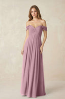 Vintage Mauve Off-the-Shoulder A-Line Chiffon Pleated Bridesmaid Dress | KISSBRIDAL
