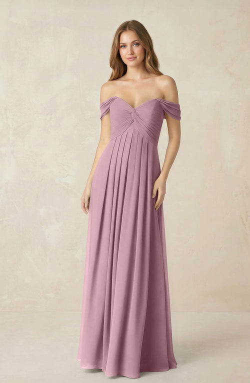 Vintage Mauve Off-the-Shoulder A-Line Chiffon Pleated Bridesmaid Dress | KISSBRIDAL