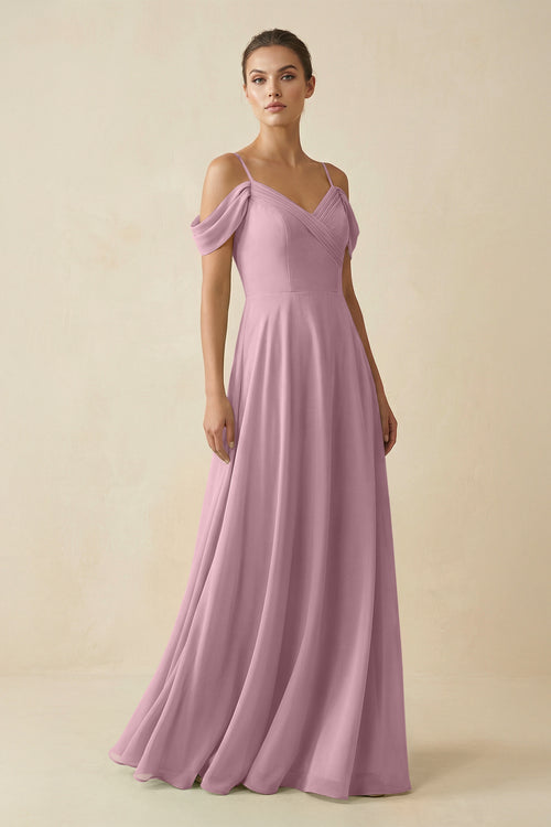 Vintage Mauve Off-the-Shoulder A-Line Pleated Chiffon Bridesmaid Gown | KISSBRIDAL