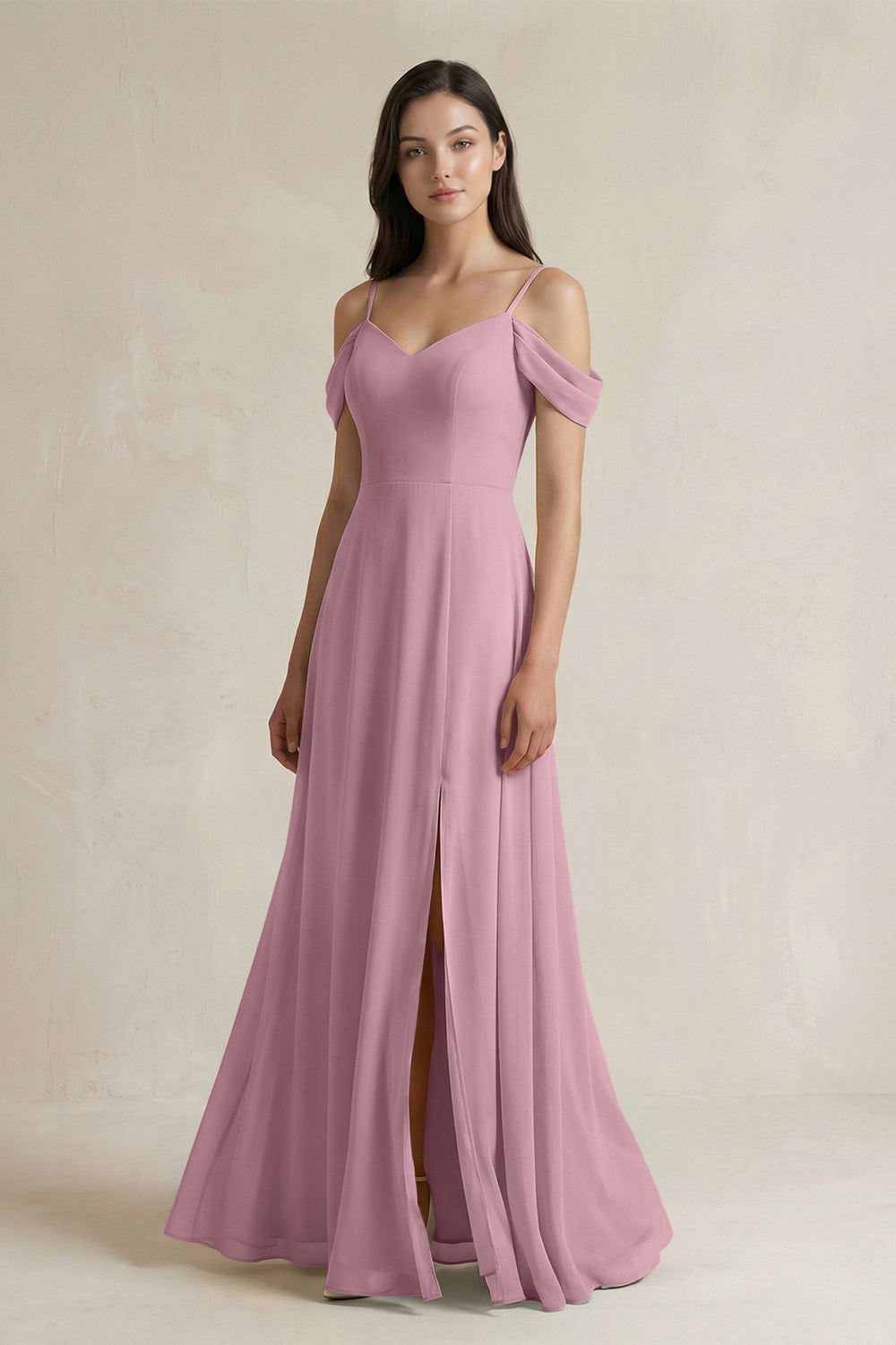 Off-the-Shoulder Chiffon A-Line Bridesmaid Dress in Vintage Mauve