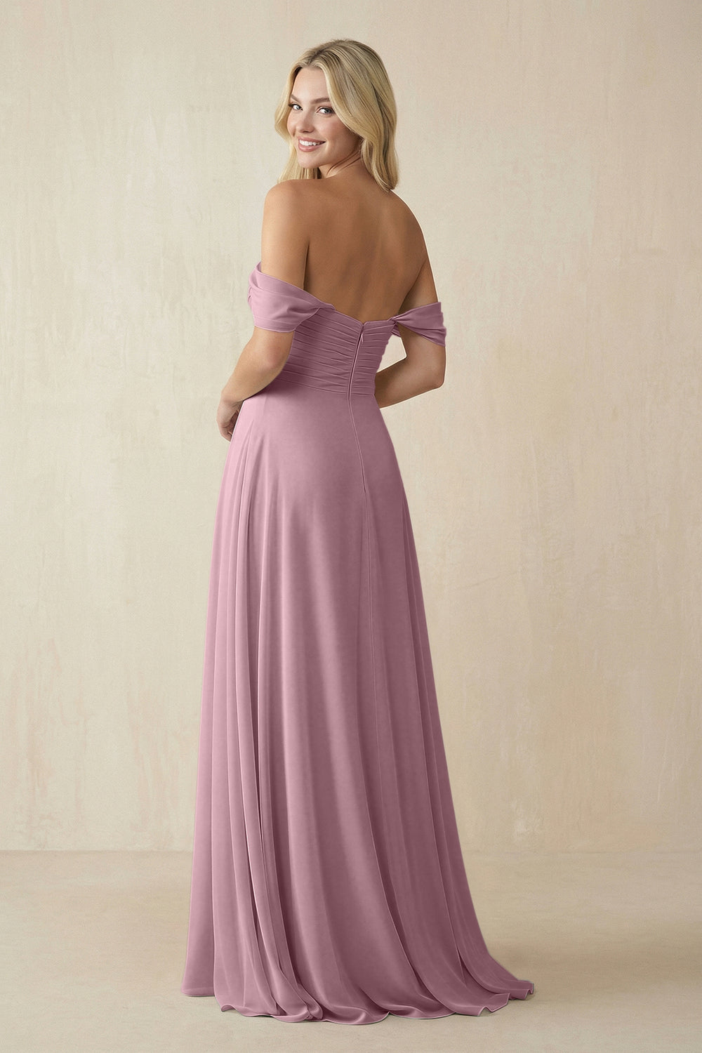 Off-the-Shoulder Chiffon A-Line Long Bridesmaid Dress in Vintage Mauve