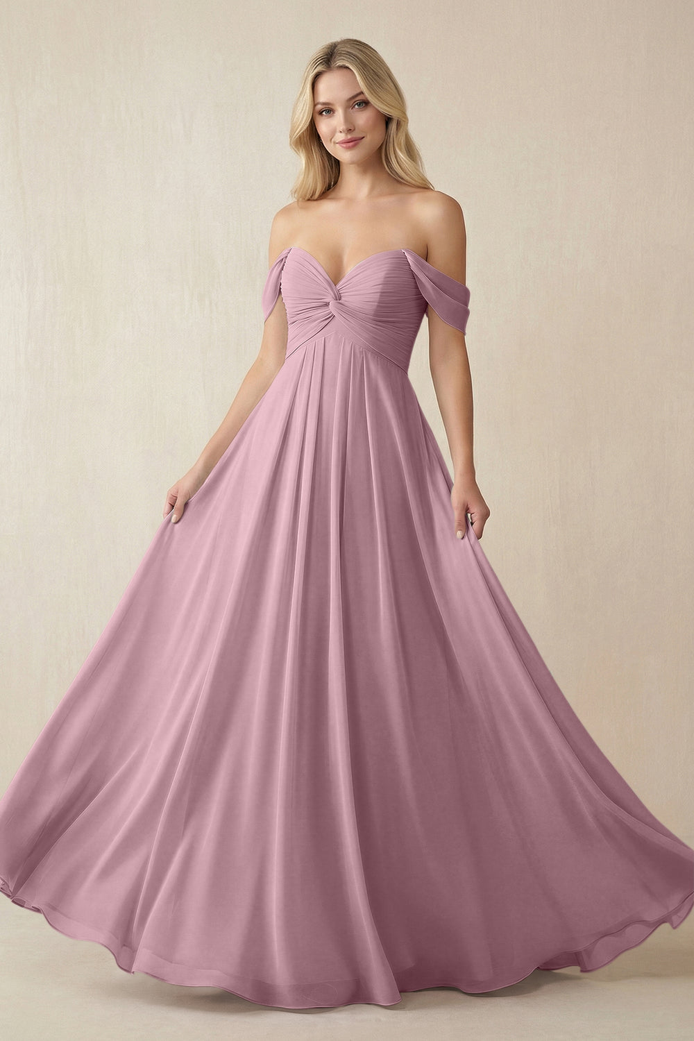 Off-the-Shoulder Chiffon A-Line Long Bridesmaid Dress in Vintage Mauve