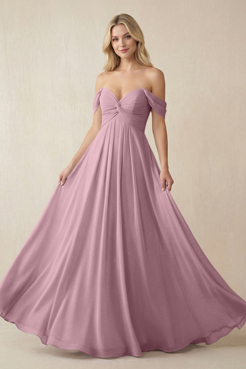 Vintage Mauve Off-the-Shoulder Chiffon A-Line Long Bridesmaid Dress | KISSBRIDAL