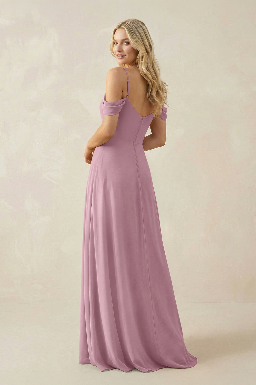 Off-the-Shoulder Chiffon A-Line Maxi Bridesmaid Dress in Vintage Mauve