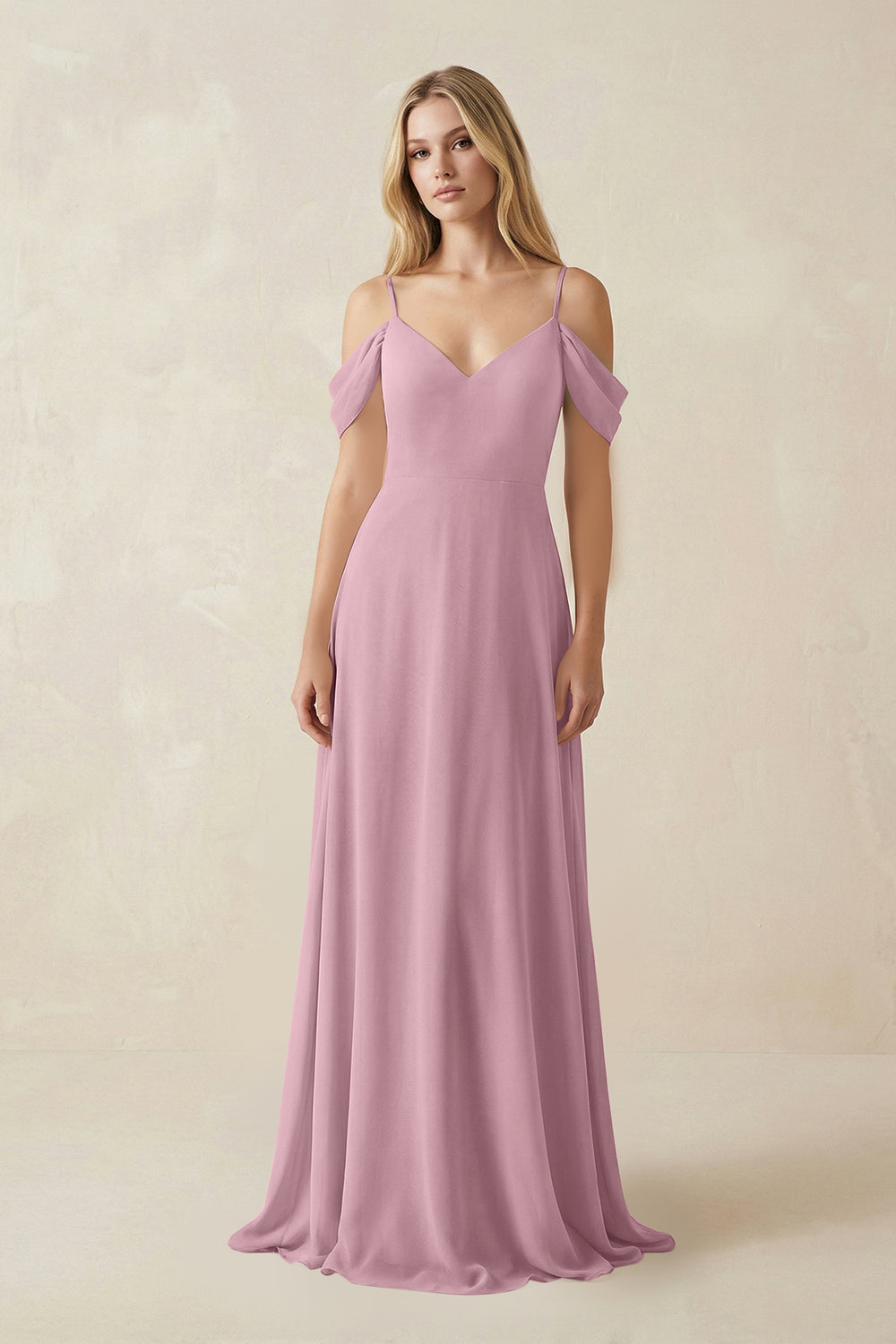Off-the-Shoulder Chiffon A-Line Maxi Bridesmaid Dress in Vintage Mauve