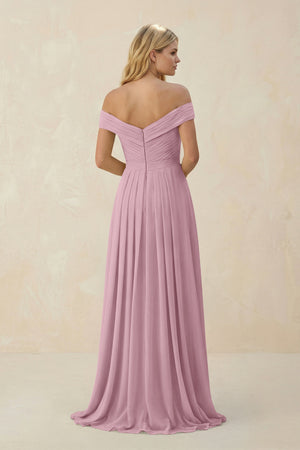 Vintage Mauve Off-the-Shoulder Pleated A-Line Chiffon Bridesmaid Dress (2) | KISSBRIDAL