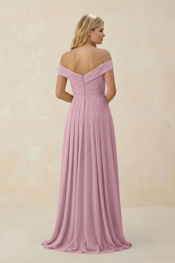 Vintage Mauve Off-the-Shoulder Pleated A-Line Chiffon Bridesmaid Dress (2) | KISSBRIDAL