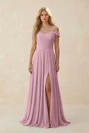 Vintage Mauve Off-the-Shoulder Pleated A-Line Chiffon Bridesmaid Dress | KISSBRIDAL