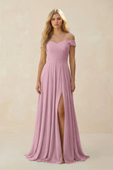 Vintage Mauve Off-the-Shoulder Pleated A-Line Chiffon Bridesmaid Dress | KISSBRIDAL