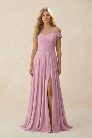 Vintage Mauve Off-the-Shoulder Pleated A-Line Chiffon Bridesmaid Dress | KISSBRIDAL