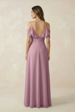 Vintage Mauve Off-the-Shoulder Ruffled A-Line Chiffon Bridesmaid Dress (2) | KISSBRIDAL