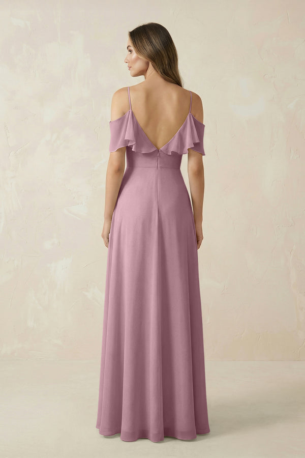 Vintage Mauve Off-the-Shoulder Ruffled A-Line Chiffon Bridesmaid Dress (2) | KISSBRIDAL