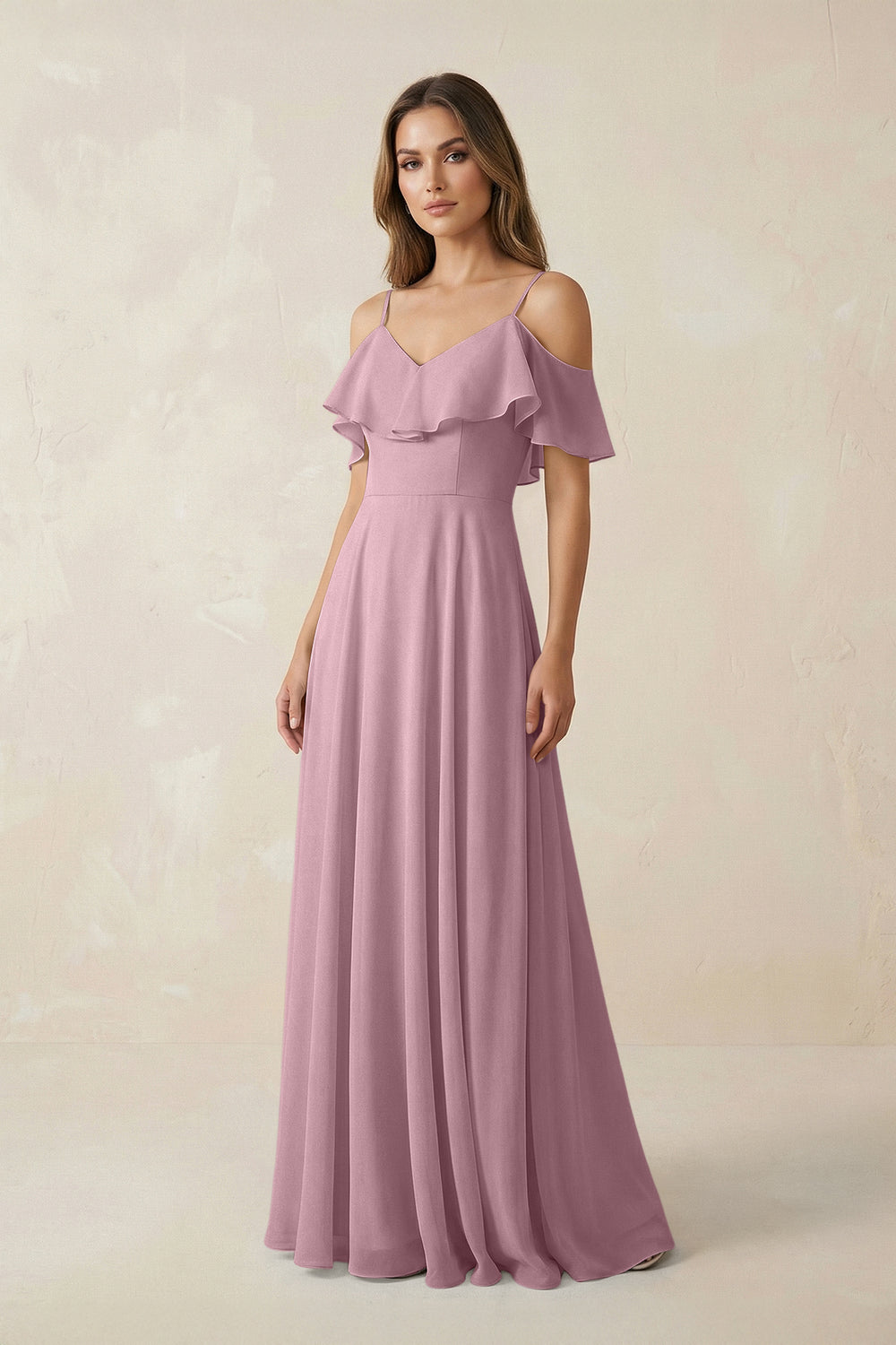 Off-the-Shoulder Ruffled A-Line Chiffon Bridesmaid Dress in Vintage Mauve