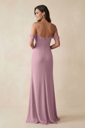 Vintage Mauve Off-the-Shoulder Sheath Bridesmaid Dress with Slit (2) | KISSBRIDAL