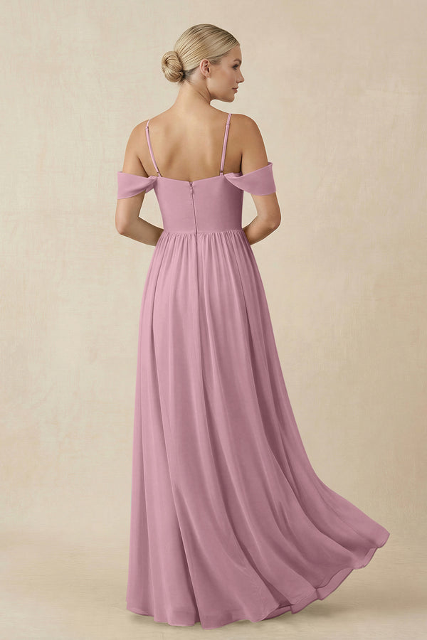 Vintage Mauve Off-the-Shoulder Sweetheart A-Line Chiffon Bridesmaid Dress (2) | KISSBRIDAL