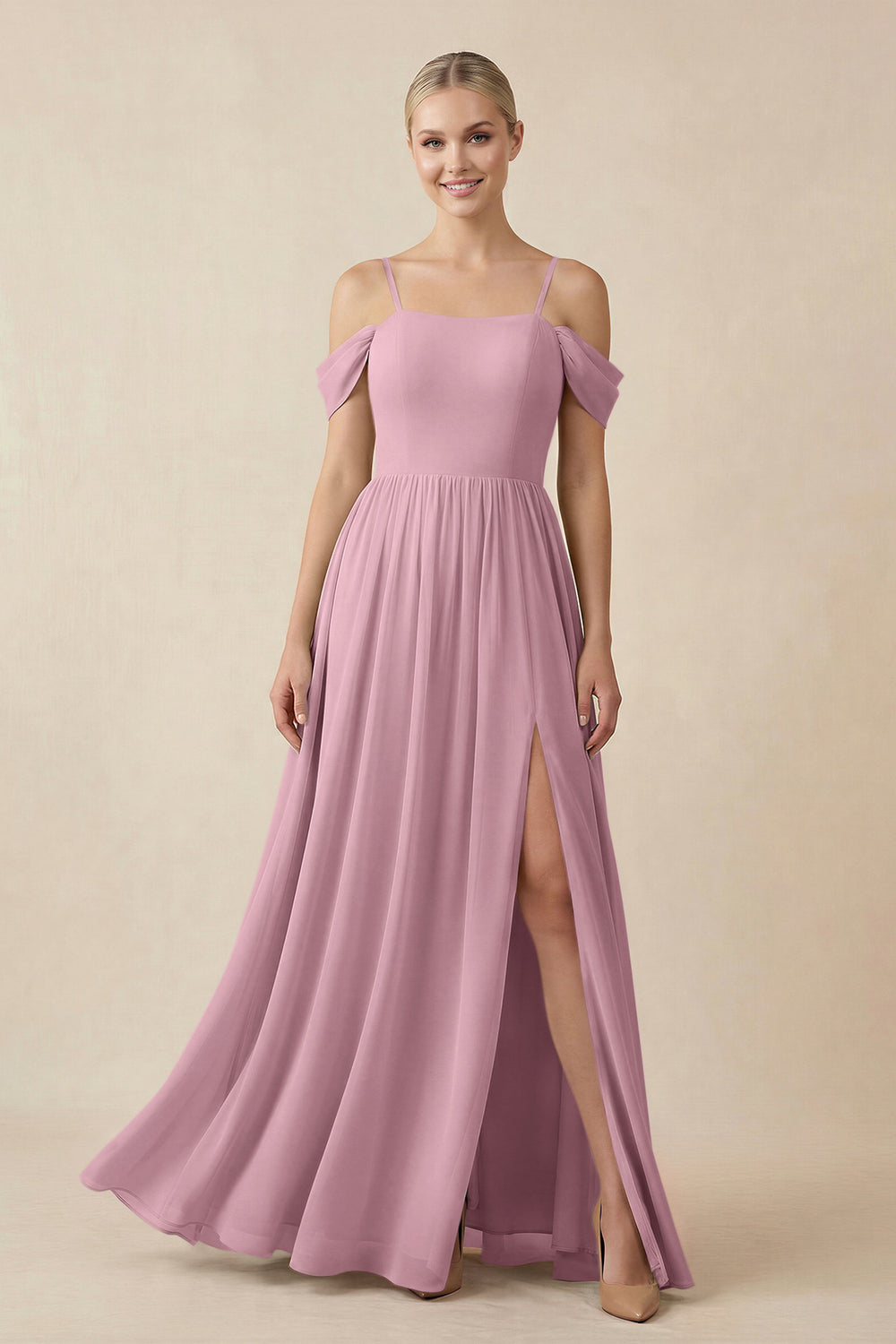 Off-the-Shoulder Sweetheart A-Line Chiffon Bridesmaid Dress in Vintage Mauve