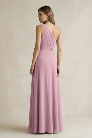 Vintage Mauve One-Shoulder Chiffon A-Line Bridesmaid Dress With Slit (2) | KISSBRIDAL