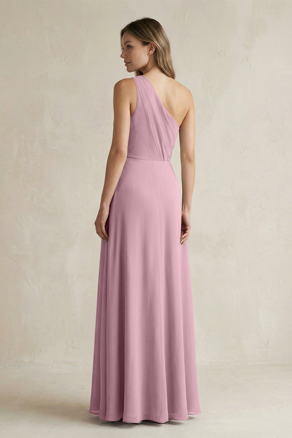 Vintage Mauve One-Shoulder Chiffon A-Line Bridesmaid Dress With Slit (2) | KISSBRIDAL
