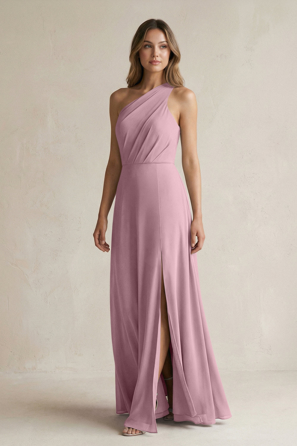 One-Shoulder Chiffon A-Line Bridesmaid Dress With Slit in Vintage Mauve