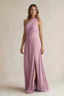Vintage Mauve One-Shoulder Chiffon A-Line Bridesmaid Dress With Slit | KISSBRIDAL