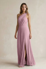 Vintage Mauve One-Shoulder Chiffon A-Line Bridesmaid Dress With Slit | KISSBRIDAL