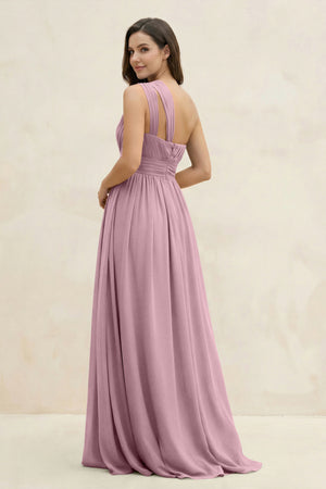 Vintage Mauve One-Shoulder Pleated A-Line Chiffon Bridesmaid Dress (2) | KISSBRIDAL