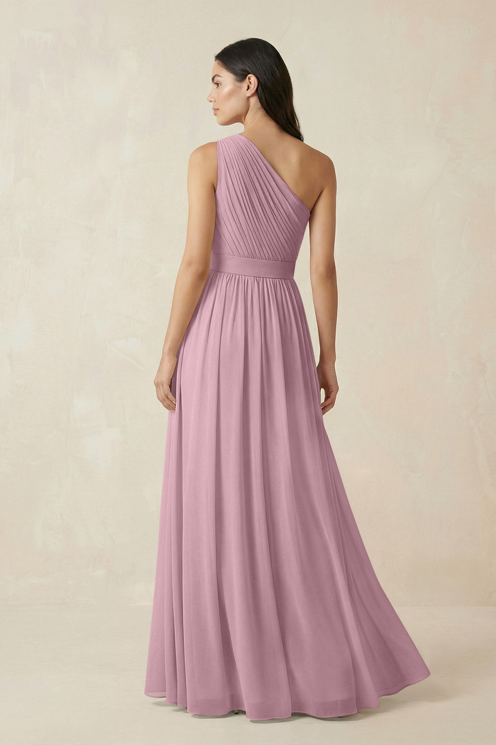 One-Shoulder Pleated Chiffon Bridesmaid Gown in Vintage Mauve