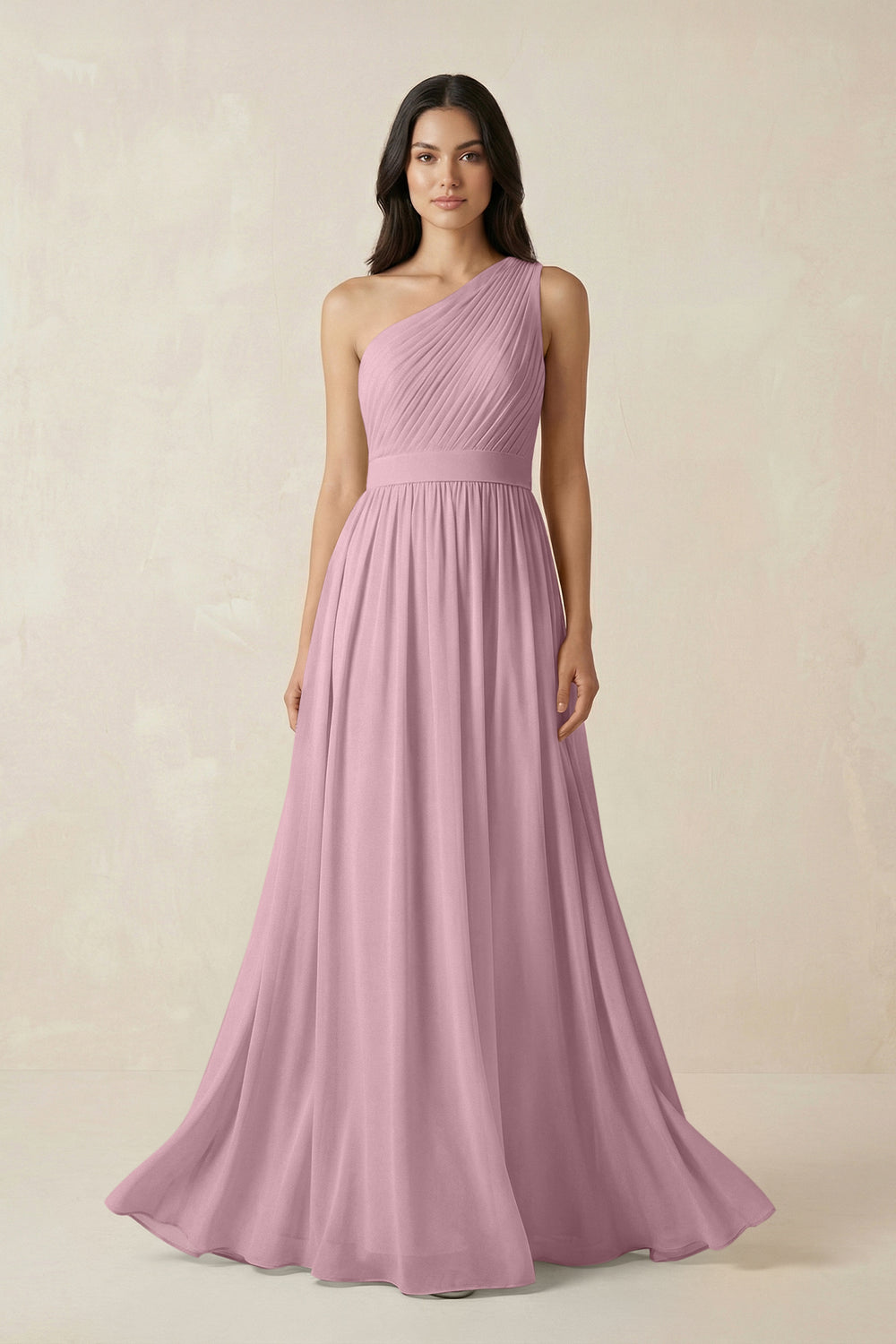 One-Shoulder Pleated Chiffon Bridesmaid Gown in Vintage Mauve