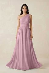 Vintage Mauve One-Shoulder Pleated Chiffon Bridesmaid Gown | KISSBRIDAL