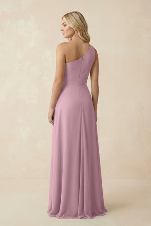 Vintage Mauve One-Shoulder Ruched A-Line Chiffon Bridesmaid Dress (2) | KISSBRIDAL