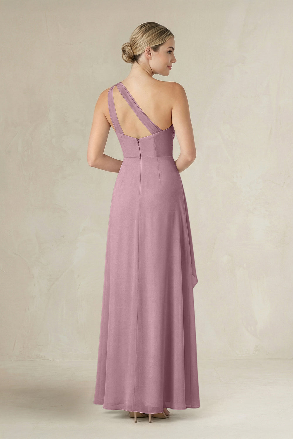 One-Shoulder Sheath Ruched Ruffled Bridesmaid Dress in Vintage Mauve