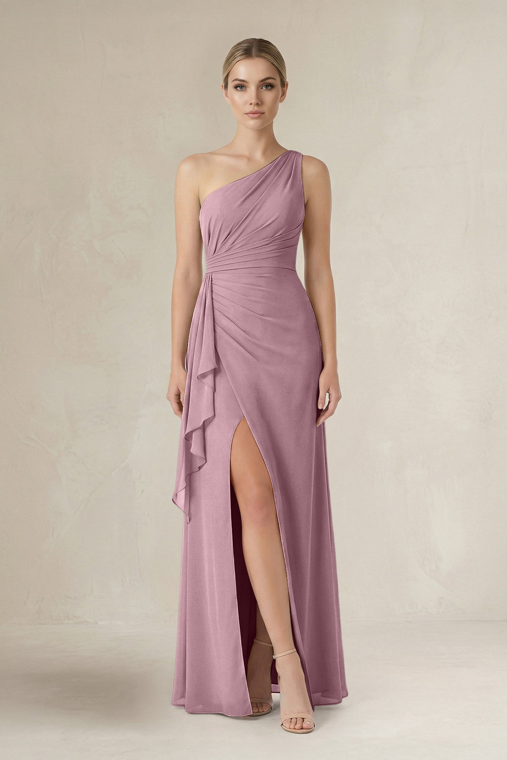 One-Shoulder Sheath Ruched Ruffled Bridesmaid Dress in Vintage Mauve